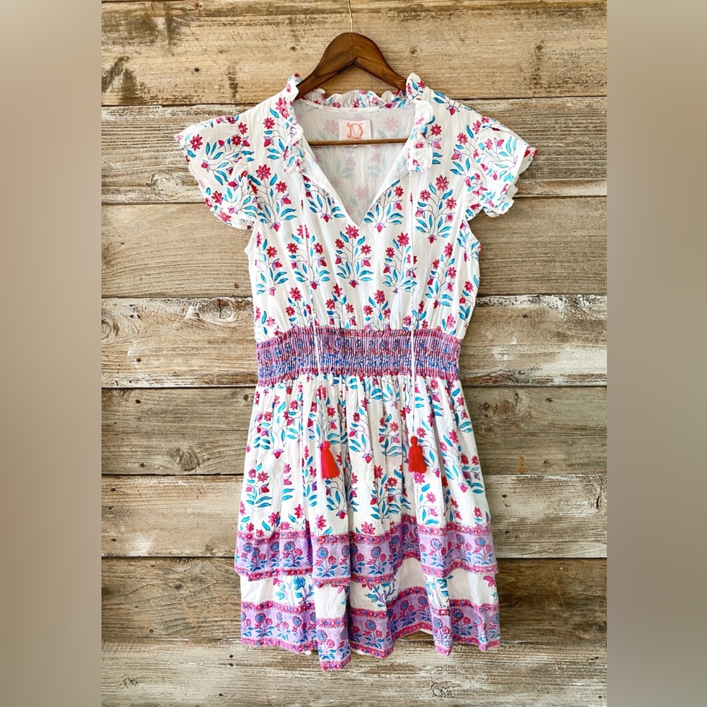 Victoria Dunn White Floral Smocked Waist Mini Dress with Pink & Teal Accents